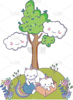 猫,独角兽,伴侣,卡通,可爱的,自然,幻想,灵感,设计
