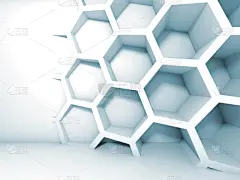 三维图形,六边形,蓝色,抽象,室内,未来,水平画幅,形状,墙,无人