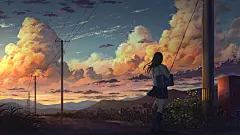 女孩子 夏日黄昏 电线杆 唯美动漫风景壁纸(
