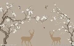 新中式花鸟鹿背景墙图片