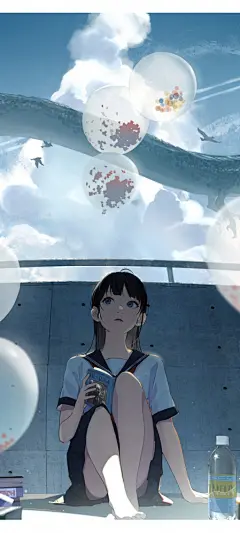 天空 气球 坐在地板的女生 水手服动漫手机壁纸