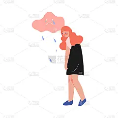 沮丧的少女下雨云，青少年青春期问题概念矢量插图