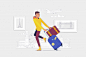 Traveler man with a suitcase goes to the airport Premium Vector
