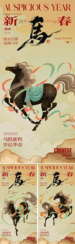 【南门网dcpsd.com】海报 中式 国潮 2026 马年 新年 新中式 水墨 写意 骏马 马 丙午年 初一 新春 春节 元旦 敦煌 年画 祥云 书法字 印章 贺卡 文化 文学 文创 书画 高级 设计感 大气 唯美 肌理 底纹