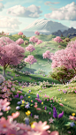 an aerial view of a tree filled field with flowers, in the style of dreamlike illustrations, daz3d, cute cartoonish designs, mountainous vistas, meticulous design, light pink and green, paul corfield
