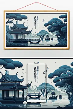 蓝色插画风苏州城市建筑图片
