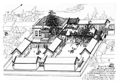 郑希成绘【八月十五云遮月】 西城区复兴门内大街90号 2002年8月6日 广亮大门，东院是平顶抄手游廊的齐整四合院。院中大白海棠树的叶伞遮盖了大半个院。西院拆除正堂和倒座后，改造成西式瓦房，并用磨砖对缝墙辟成另院。是一座中西合璧的院落。 主人说，每年八月十五，满院都是落地的海棠，众人分海棠不亦乐乎，02年拆迁闹得大家都没此心情了。  郑先生将主人所叙八月十五拜月，孩童在院中捉迷藏打秋千的情景记于画中，追寻童年拜月、在亲友大宅院嬉戏的场景。