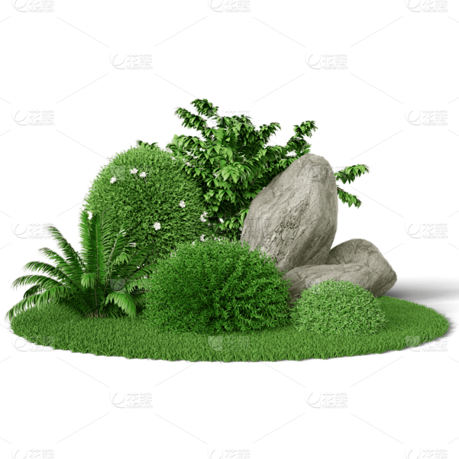 3D灌木丛绿色草地树木石头元素