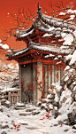 古寺中式国潮风雪景庭院二十四节气冬至插画