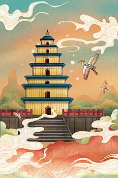 古风国潮中式山水建筑名胜旅行游戏场景手绘插画海报设计素材K106