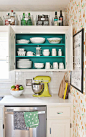 A pop of color inside the cabinets: 
