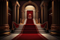 a red carpeted staircase leading to a throne in the middle of an empty room