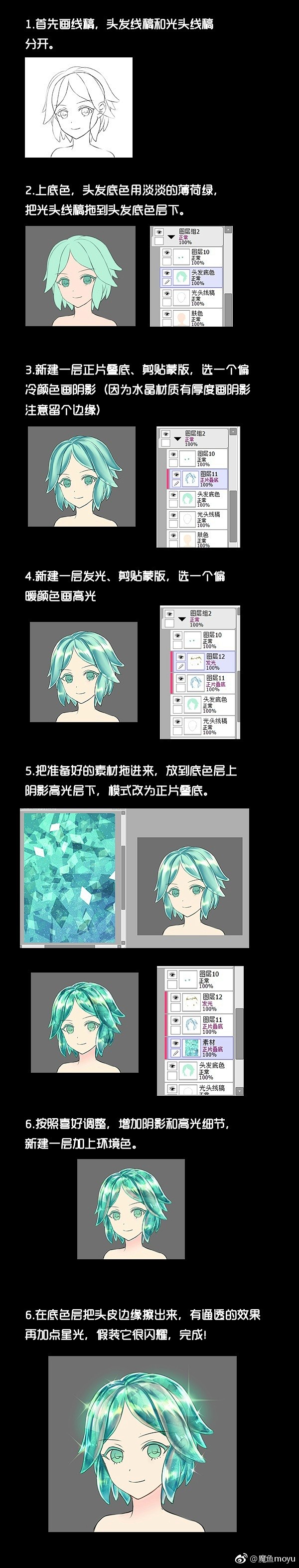 #宝石之国#     磷叶石头发懒人画法...