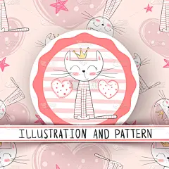 可爱的,猫,卡通,四方连续纹样,婴儿,公主,女孩,纺织品,式样,小的