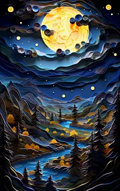 蓝色剪纸风植物月亮背景