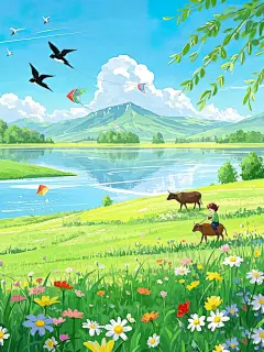 AI数字艺术春天插画春分清明节素材
