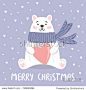 Cute polar bear with pink heart. Merry Christmas hand-draw illustration. Vector art for winter holidays and greeting card.