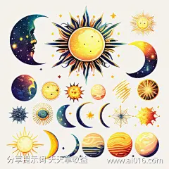 美丽的天体_提示词查看_Midjourneyai绘图工具关键词描述词咒语_512X512像素-月亮,太阳,天体,图表,设计,卡通,拼贴画,可爱的,矢量插画-提示词编号:2023060911527404-绘ai-www.ai016.com