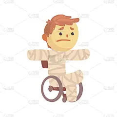 受伤的男孩人物在石膏坐在轮椅上遭受痛苦的卡通矢量插图