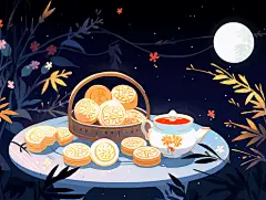 中秋满月糕点月饼茶插画卡通唯美手绘可爱古风插画壁纸