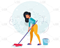 洗地板的女人。打扫屋子的概念。家庭主妇在打扫房间。矢量插图在一个平坦的风格。