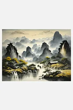 AI数字艺术中国传统山水画水墨画-众图网