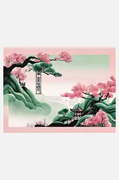 AI数字艺术粉绿风景水墨画-众图网