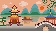 古风山水建筑凉亭荷花插画海报