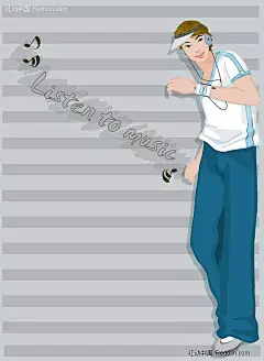 插画－运动装戴耳机的男孩插画|男人图片|男人图片　插画人物|人物素材|人物图片|矢量人物|矢量素材|手绘　人物素材|帅哥图片|音符　耳机　手表　男人　男孩