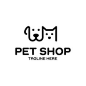 This contains an image of: Vector Pet Shop logo design template. Black and white animal icon label for store, veterinary clinic, hospital, shelter, business services. Vet illustration background with dog and cat heads