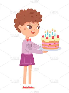 生日快乐，男孩在派对上吃蛋糕庆祝。可爱的孩子有有趣的矢量插图。小孩儿微笑着与盘子在事件孤立的白色背景
