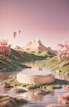 蓝色天空，电商风格，c4d渲染，河流，草地中间有个台子，旁边有小台子，增加细节，户外，杰作，超细节，完美作品，16k高清壁纸，粉色花，远山，帐篷，家庭聚餐，表情幸福开心，色彩明亮,风景镜头(远景)