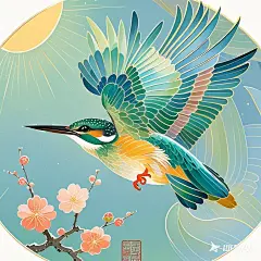 一只翠鸟，展开只胖，美丽的飞行，色彩绚丽，新中式插画风格，细腻的细节，清晰的线条，大师作品