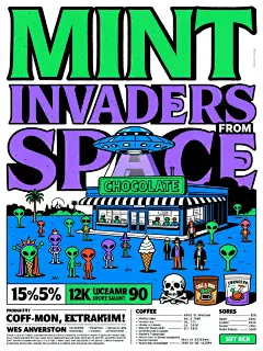 创作奇幻复古风格咖啡主题海报，以绿、紫、黑为主色调，呈现 UFO 入侵冰淇淋店场景（占画面约 50% 空间，聚焦核心视觉区，垂直 15% - 85%、水平 10% - 90% ），巨型艺术字体“MINT INVADERS FROM CHOCOLATE SPACE”（占画面 30% 空间，位于中上部打造视觉锚点，垂直 10% - 40%、水平 10% - 90% ，具粗体奇幻质感，绿紫色调 ），辅助元素（外星人、骷髅、人群等趣味角色，占画面 15% 空间，分布场景强化故事 ），活动/产品信息（占画面 5% 