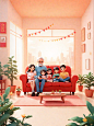 00136-2808835469-night,red couch,[spring festival atmosphere],six people sitting on the red sofa,white-haired grandmother sitting on the sofa,fat