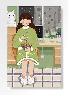 兔子拖鞋衣服女孩长发手绘桌子腊八