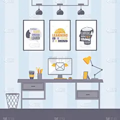 有启发性海报的工作场所，病媒图解。现代办公室内,台式计算机显示器和灯具.专业管理人员的激励型工作空间