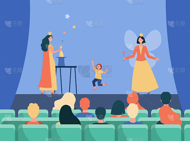 快乐的动画师在舞台上为孩子们表演