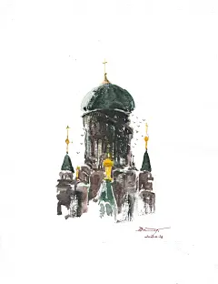 欧美教堂水彩插画-古田路9号-品牌创意/版权保护平台