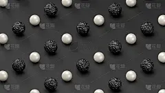 珍珠背景，黑白等距图案，3d渲染插图。抽象的纹理球，球体，牡蛎珍珠，简约奢华的背景，优雅的深色。闪亮