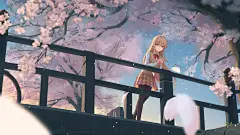 动漫人物风景女孩 樱花 栏杆 花瓣 电脑壁纸