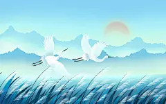 唯美白露插画手绘白鹭动物风景秋天景色寒冷清冷芦苇丛背景