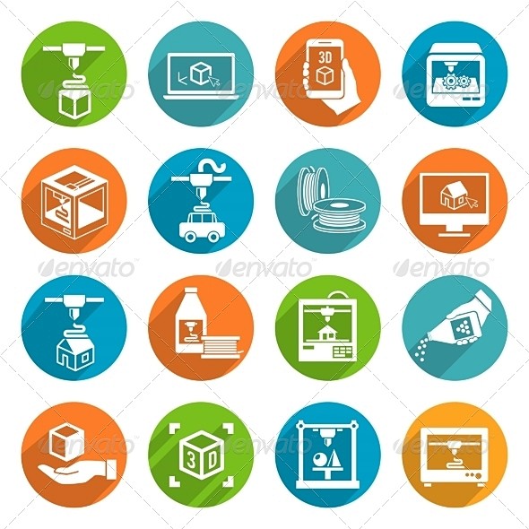 3 d打印机图标设置图标——技术Printer 3D Icons Set - Technology Icons3 d、抽象、艺术、商业、cad ...