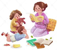 亲子阅读讲故事看书母女母子二胎温馨插画