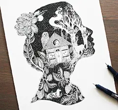 #CG原画#  希腊的插画家 Meni Chatzipanagiotou 的手绘作品，绘画的技巧加上丰富的想象力，让插画师的世界无奇不有。鲸鱼背上的房子，犹如宫崎骏的天空之城，那般美好~