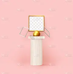 抽象背景与3d逼真的对象设计。室内艺术装置。元素组成:仿古混凝土白柱，金球，墙上是方形相框。粉色的背