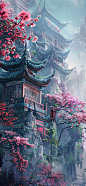 唯美场景 古风风景 插画壁纸 #AI绘画#