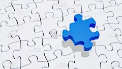 缺失的蓝色拼图完成白色拼图。谜语，解答，智商概念。水平3D渲染插图与复制空间。