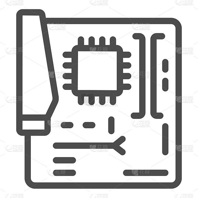 主板线图标，pcrepair概念，主板矢量标志上的白色背景，主板轮廓风格的移动概念和网页设计。矢量图