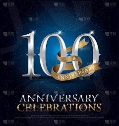 第100周年纪念庆祝银和金标志与金黄丝带在深蓝背景。矢量插画